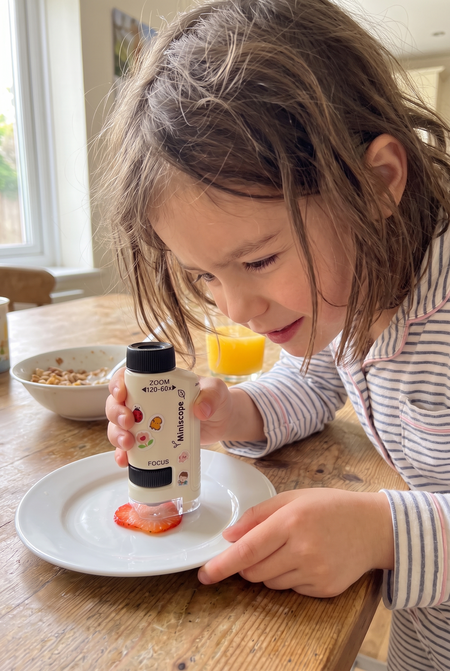 Sofia, 6, strawberry at breakfast